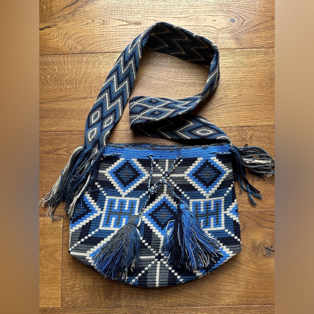 Wayuu Tribe Mochila Bag In Blue Tones And Grey Beautiful Multicolor